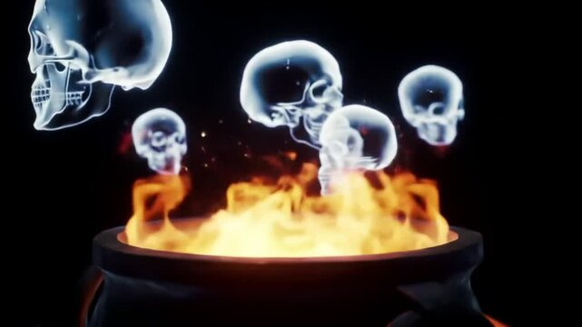 A mystical cauldron bubbling with fire and floating skulls, creating an eerie atmosphere