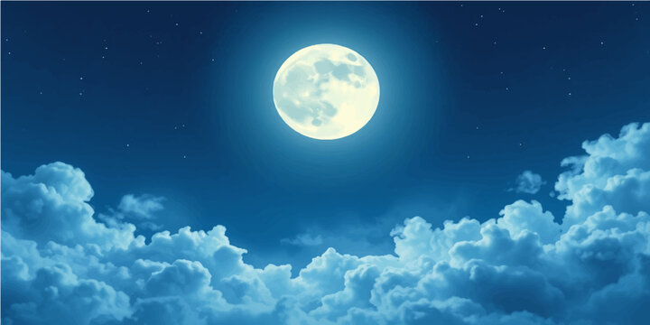 Full blue moon and bright clouds in the dark night sky