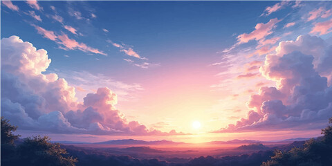 Naklejka premium A breathtaking sunset colors the mountain landscape with dramatic orange and red light across the cloudscape