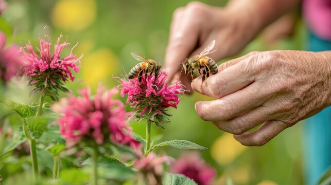 A person's hands holding a bee on a pink flower in a garden. - Powered by Adobe