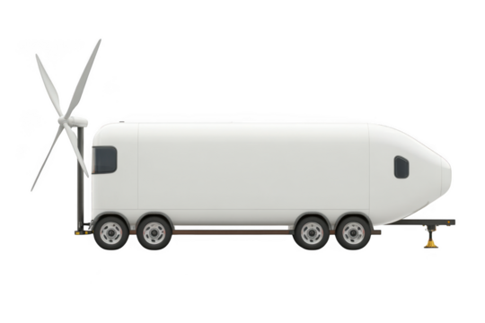 Futuristic white mobile wind turbine trailer illustration, sustainable energy concept, clean technology, isolated on transparent background