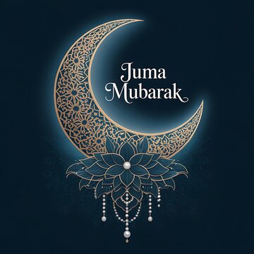 Elegant Juma Mubarak Crescent Moon: Ornate Gold, Teal, Pearl Design