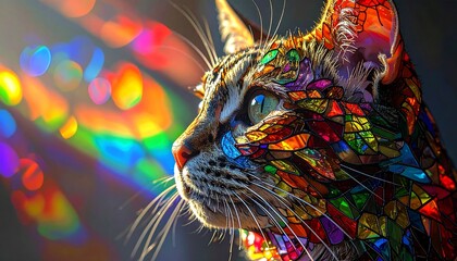 a magical cat made of stained glass fragments glowing softly with rainbow light