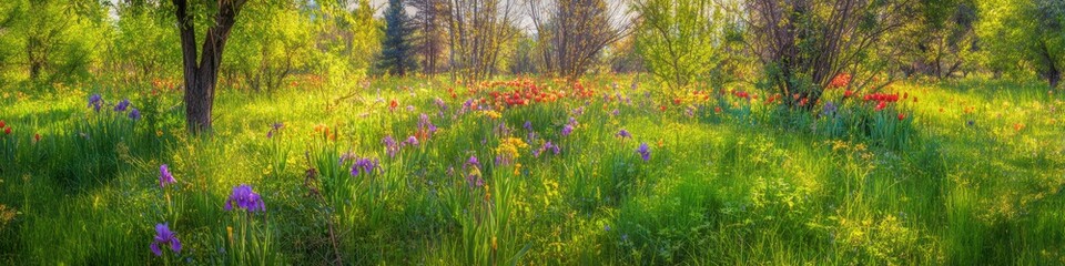 Fototapeta premium Lush green meadow with wildflowers and trees bathed in sunlight
