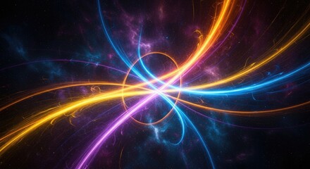 Obraz premium A vibrant, abstract cosmic scene with colorful, swirling lines and a starry, nebulous background.