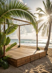 Fototapeta premium Beachfront Wedding Stage with Palm Trees, Ocean View, and Soft Sunlight