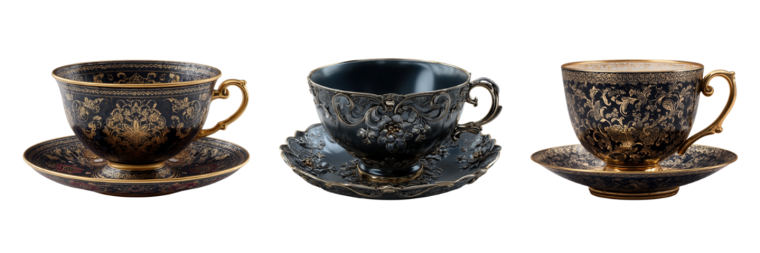 Set of Ornate Black teacup isolated on a transparent background