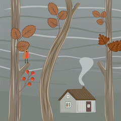A charming autumn scene featuring a cozy house with a brown roof and red door, surrounded by bare trees with scattered orange leaves. A small bird perches on a branch, adding a touch of life to the se