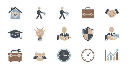 Business and finance icons representing various aspects of work and life.