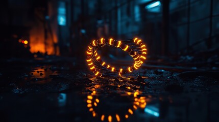 A glowing DNA helix floating in a dark lab environment,