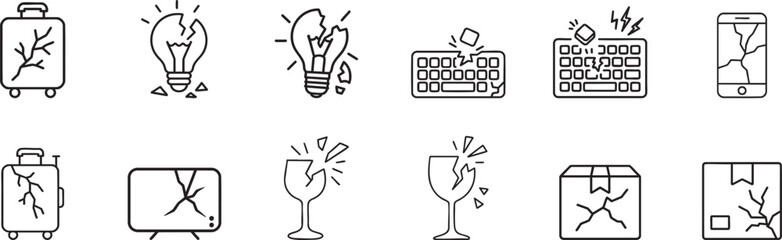 set of Damaged & Broken Thin Line Icons Set – Cracked, key board , wain glass broken , phone , box , tv Outline Vector Pack