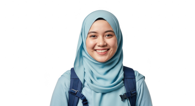 Smiling Student with Backpack: A young, radiant student stands confidently, adorned in a hijab, carries a backpack, representing education, cultural heritage, and youthful aspirations.