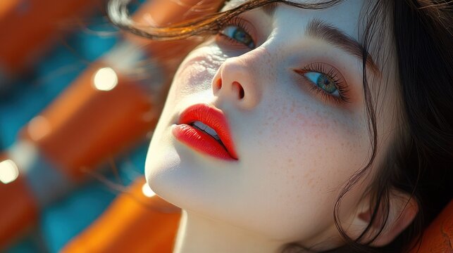Close-up of a young woman with freckles and red lipstick