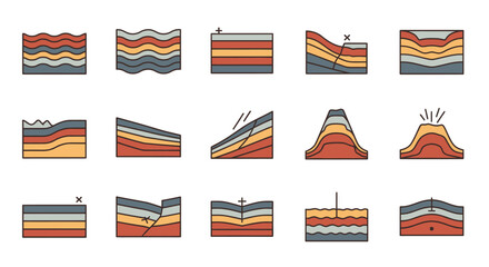 Geological cross sections icon set showing earth layers and formations.