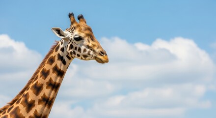 Obraz premium A giraffe with a blue sky and fluffy white clouds as its background.