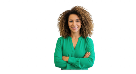 Radiant Confidence: A woman with beautiful, voluminous hair radiates joy, her arms crossed and her expression one of pure confidence.  A moment of self-assurance.