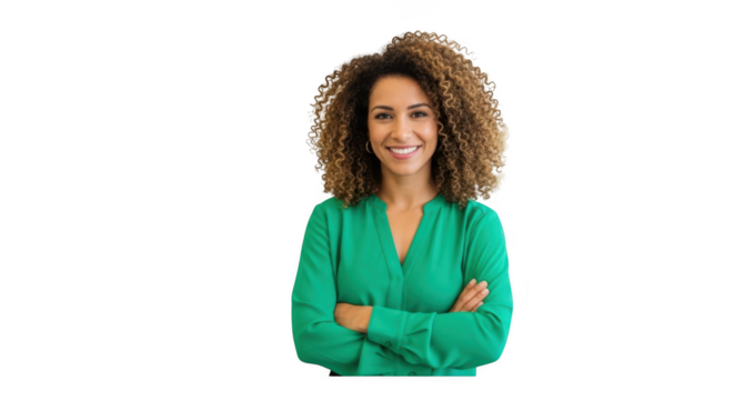 Radiant Confidence: A woman with beautiful, voluminous hair radiates joy, her arms crossed and her expression one of pure confidence.  A moment of self-assurance.