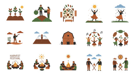Harvest Festival and Farming Activities Flat Vector Illustrations Set.