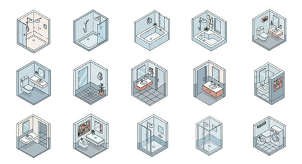 Isometric bathroom designs showcasing various interior layouts and fixtures for home decor.
