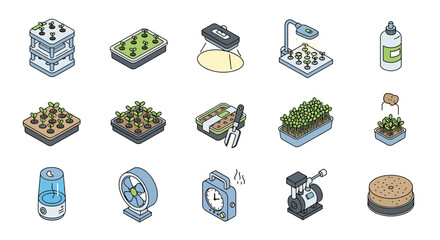 Isometric Hydroponic Gardening Equipment and Supplies Collection.