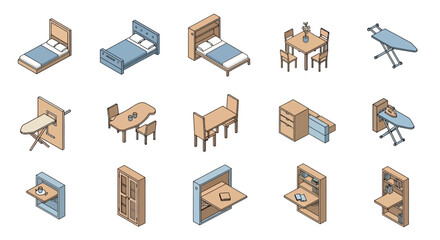 Isometric Furniture Set - Beds, Tables, Ironing Boards, and Wall-Mounted Tables.