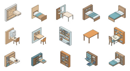 Isometric Collection of Space Saving Home Furniture Illustrations.