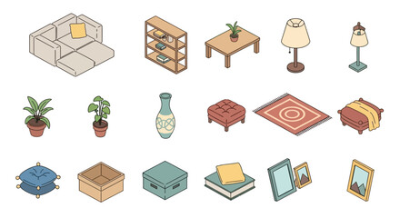 Isometric Collection of Living Room Furniture and Decor.