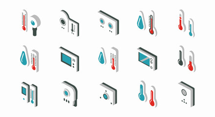 Isometric Icons of Temperature and Humidity Control Devices.