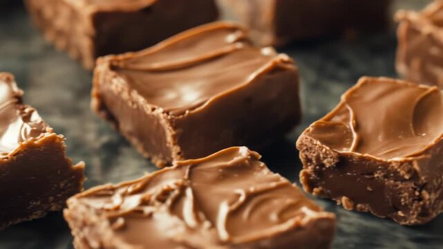 Decadent chocolate fudge pieces arranged on a dark surface.