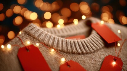 knitted sweater with sale tags and lights