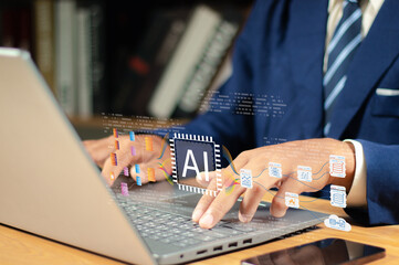 AI workflow on laptop screen. Concept of artificial intelligence process, machine learning pipeline, data analysis, automation, and smart system integration.