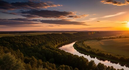 A serene sunset over a winding river with lush green trees and rolling hills in the background.