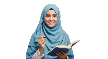 Serene Scholar with Notebook: A radiant woman, her face framed by a serene hijab, engages with her journal and pen, emanating warmth and intelligence. The image captures quiet study.