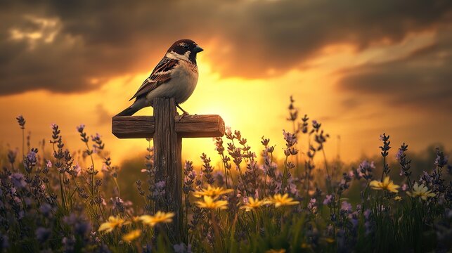 A hyper-realistic photograph of an anthropomorphic Eurasian Tree Sparrow perched atop a weathered wooden cross in a tranquil meadow. Surrounded by blooming lavender and wild daisies,