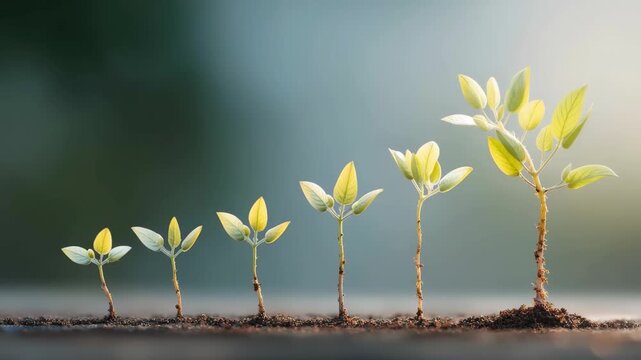Growth journey from sprout to tree showcasing stages of development in a natural environment with varying leaf sizes and colors in soft morning light