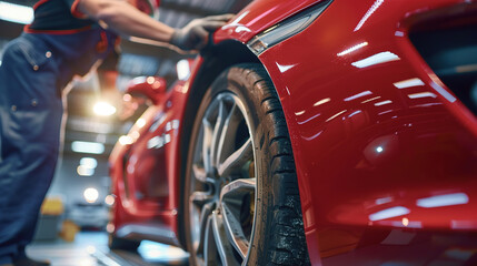 African American mechanic in blue overalls is working on a red sports car in a well-lit garage, showcasing tire maintenance and automotive expertise with vibrant reflections