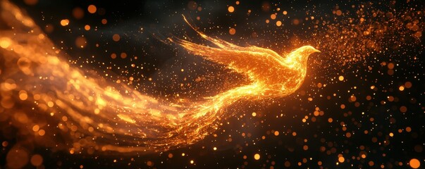 Dynamic 3D rendering of a glowing firebird in radiant golden hues