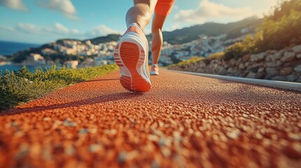 Close-up of runner's feet on a track, seaside view