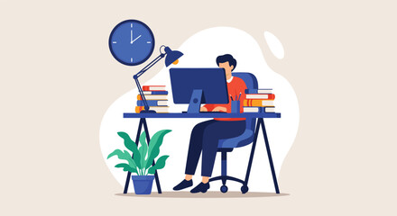 Person working at a desk with computer and books near a clock.