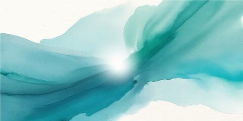 Obraz premium Abstract blue watercolor background evoking a cold winter landscape of ice and snow, reflecting the blue sky with clouds over a distant mountain