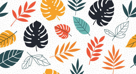 A vibrant collection of abstract tropical leaves in various colors and shapes.