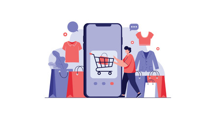 Man using a mobile app for online shopping with clothes and bags.