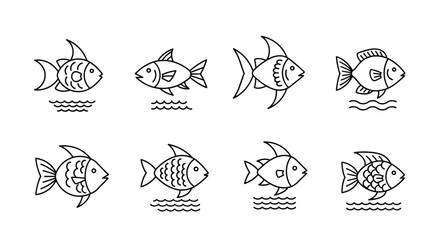 A collection of eight simple black and white line art drawings of different fish species swimming in water.