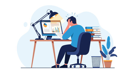 A person sitting at a desk looking stressed while working on a computer with charts and graphs.