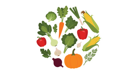 A vibrant circular arrangement of fresh vegetables and fruits.