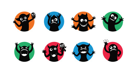 A collection of eight cute and scary cartoon monsters with different expressions and colors.