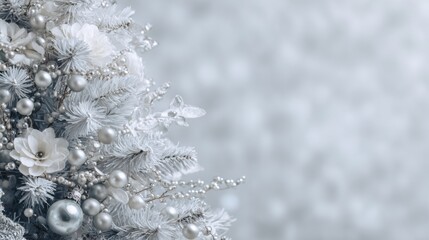 Elegant white Christmas tree decorated with silver ornaments