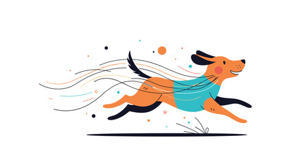 A happy cartoon dog is running with a blue shirt on. It's a playful illustration.