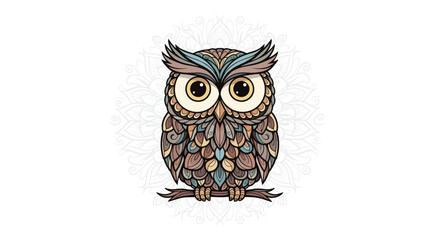 An intricately designed colorful owl perched on a branch with a mandala pattern in the background.