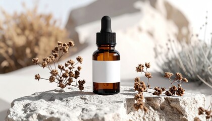Amber bottle with dropper on stone with desert background.